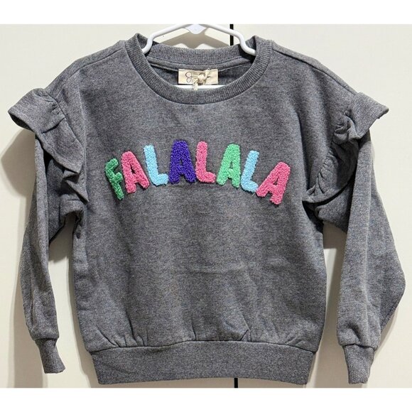 Jessica Simpson girls 4T Christmas sweatshirt ruffle sleeves FALALALA gray pink - Picture 1 of 5